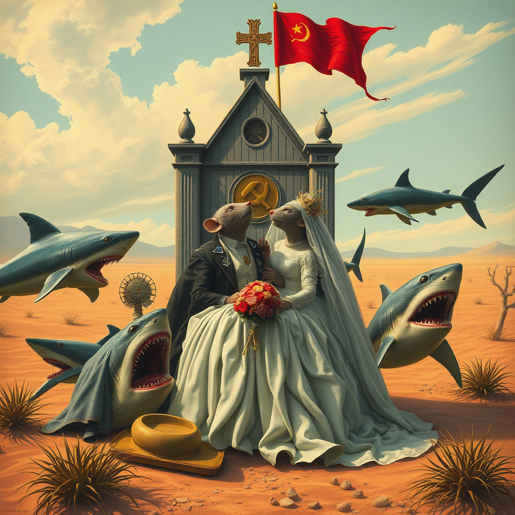 A rat wedding being attacked by sharks, Catholic, Soviet propaganda poster, steam punk, no text, Lovecraftian, in the desert