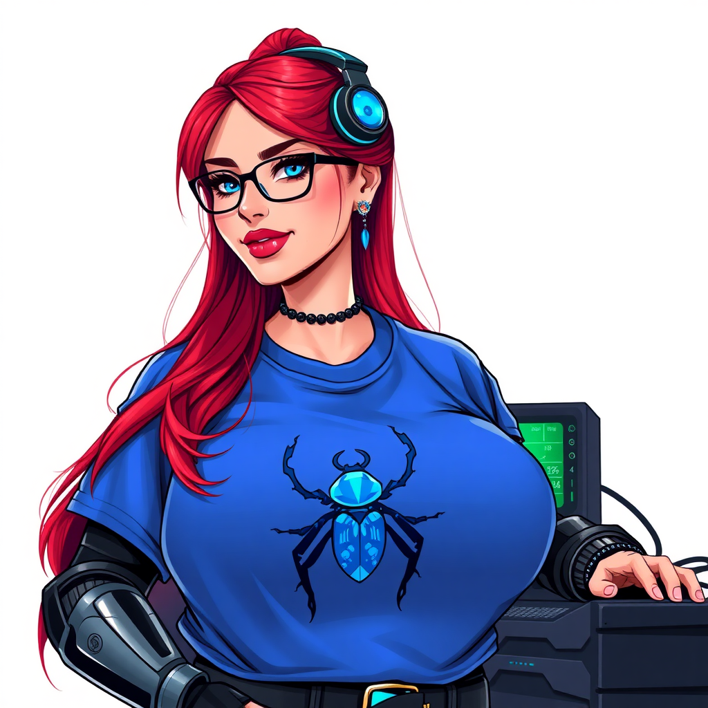 A cyberpunk vigilante’s full-figured intelligent and tech-savvy 29-year-old girlfriend, who is a computer hacker and tech genius. She has a long ruby red ponytail. She wears maximum blue lipstick, bright blue eyes, a sapphire beetle gemstone necklace, sapphire earrings, black eyeglasses, hi-tech metal arm armor, and an oversized maximum blue t-shirt featuring a blue sapphire gemstone crusted beetle chest icon. She has a full-figured physique with a prominent, massive, round midsection, reflecting her well-cared-for lifestyle. She sports a sapphire headset with a hi-tech maximum turquoise lensed HUD, and a shy smile with a neon red blush. She serves as his tech expert from his hideout, diligently working at her lab table and computer desk. The background is solid white. She is drawn as if she was in a retro 2D cyberpunk fighting game.