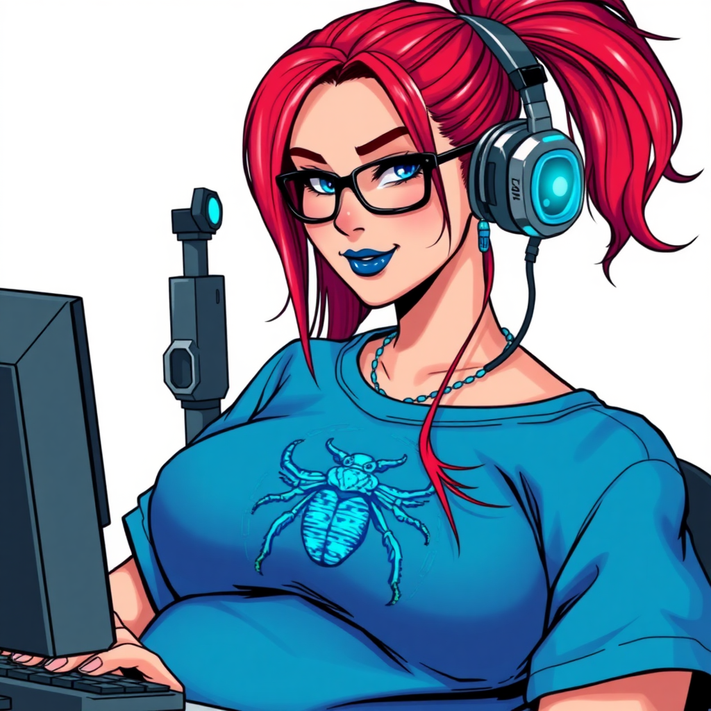 A cyberpunk vigilante’s full-figured intelligent and tech-savvy 28-year-old girlfriend, who is a computer hacker and tech genius. She has a long ruby red ponytail. She wears maximum blue lipstick, bright blue eyes, a sapphire beetle gemstone necklace, sapphire earrings, black eyeglasses, and an oversized maximum blue t-shirt featuring a blue sapphire gemstone crusted scarab beetle chest icon. She has a full-figured physique with a prominent, massive, round belly, reflecting her well-cared-for lifestyle. She sports a sapphire headset with a hi-tech maximum turquoise lensed HUD, and a shy smile with a neon red blush. She serves as his tech expert from his hideout, diligently working at her lab table computer desk. The background is solid white. She is drawn as if she was in a retro 2D cyberpunk fighting game. Ensure her maximum blue t-shirt covers her belly.