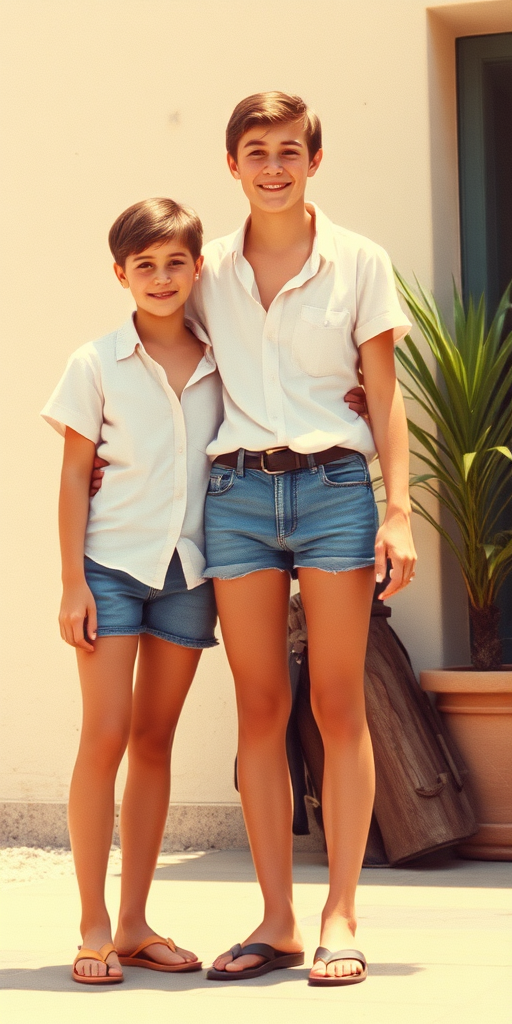 Vintage photo, 1980s. Hot summer. Mexico. A tall skinny 13yo teen boy wearing short shirt, tight booty shorts, long legs, bare thighs. With a girl wearing shirt, long skirt. Full length view.