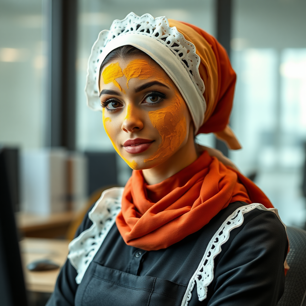 slim, modern, french maid, scarf head, turmeric paste on face, working in office