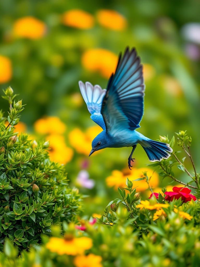 A realistic 4K scene of a Blue Bird flying low, gracefully maneuvering around bushes in a colorful garden while searching. The bird is depicted in vibrant detail, showcasing its feathers as it flits between the greenery, capturing the essence of determination and playfulness in this joyful moment.