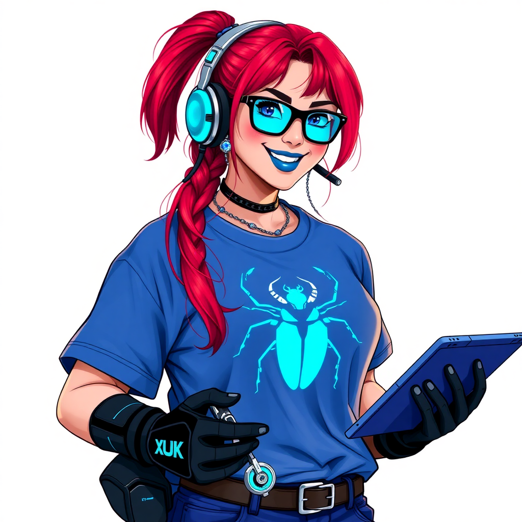 A full-sized, intelligent and tech-savvy 28-year-old computer hacker and tech genius. She has a long ruby red ponytail. She wears maximum blue lipstick, blue eyes, a sapphire beetle gemstone necklace, sapphire earrings, black eyeglasses, hi-tech power gloves, and an oversized maximum blue t-shirt featuring a neon blue glowing beetle chest icon. She has a full-figured physique with a prominent, wrecking ball-sized midsection, reflecting her well-cared-for lifestyle. She sports a sapphire headset with a hi-tech maximum turquoise lensed HUD, and a beaming smile accentuated by a passionate neon red blush. She serves as his tech expert from his hideout, holding a futuristic tool wrench and a futuristic digital tablet. The background is solid white. She is drawn as if she was in a retro 2D cyberpunk fighting game.