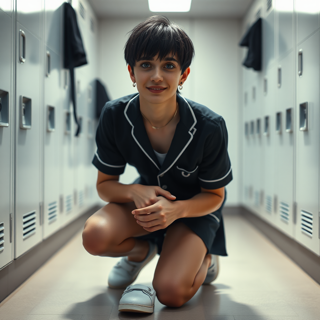 photorealistic, ultra high resolution, 16K, surreal fantasy, soft studio lighting, a pretty 17 year old goth male, slim male physique, short dark hair, blue eyes, goth makeup, earrings, sheer pantyhose, UK girls-school uniform, Mary-Jane shoes, kneeling on the floor of the locker room looking up at the camera, excited smile, facing the camera.