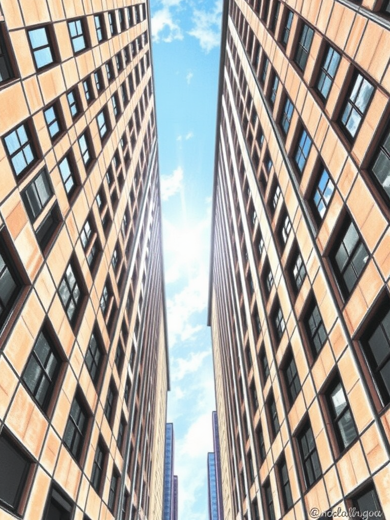 Draw it as if it's a photograph, depicting a perspective looking up at the sky between tall buildings. Make the tall buildings appear rounded in structure, and portray the sky as a dramatic scene with sunlight filtering through.