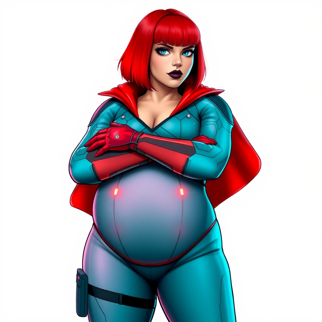 A 26-year-old, heavily-pampered, full-figured, mystical vigilante detective ally of her cyberpunk vigilante older brother figure with a bright red bob cut, black lipstick, and piercing bright blue eyes. She has a new non-athletic build, now highlighted by a prominent, round, gargantuan midsection (with the full emphasis on her gargantuan belly), which shows the aftermath of her pampering. Despite her new physique, she displays her usual confidence. She wears a huge, high-tech, tight-fitting, maximum turquoise biker suit (accentuating her gargantuan belly), complemented by a glowing neon red cape and high-tech red gloves. Her stance is firm and resolute, arms crossed, exuding a no-nonsense attitude. Her costume reflects the influence of DC New 52 Prime Earth’s Phantom Lady, Jennifer Knight, while her pose embodies the moral ambiguity and determination reminiscent of DC’s Pax Americana’s The Question. She is on a solid white background. She is drawn as if she was in a retro 2D cyberpunk fighting game. She is clearly non-athletic, with a focus on her full-figured physique. Her belly is fully bloated to emphasize her non-athletic figure. Make sure that her biker suit covers all of her bare skin (especially her gargantuan midsection).