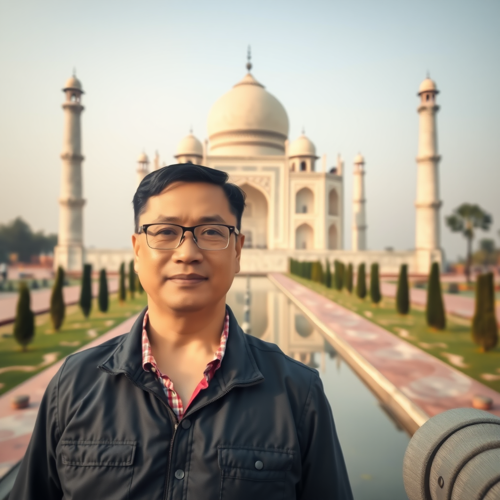 I am a middle-aged male teacher from China, wearing glasses. I stand slightly to the left in front of the majestic Taj Mahal, taking a photo with this great building, realistic photography, maintaining depth of field.