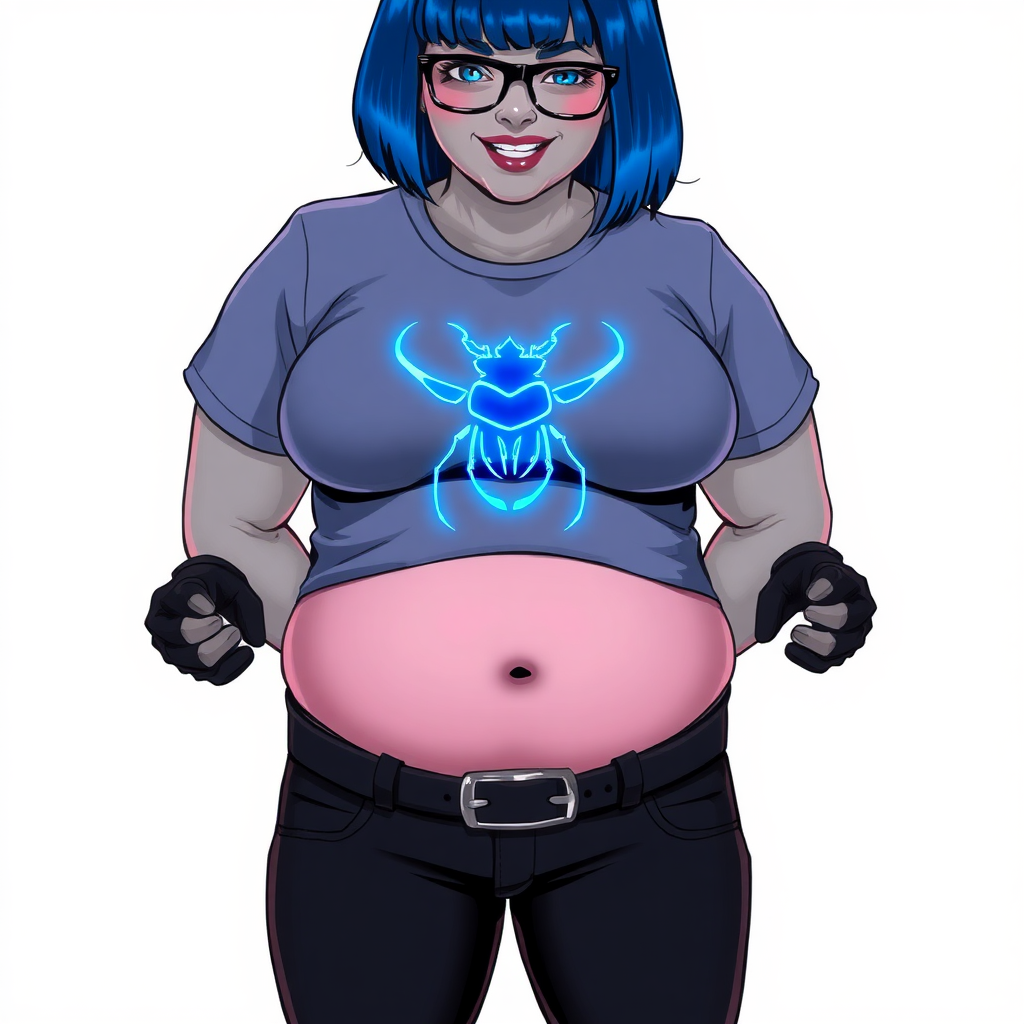 A 28-year-old, full-figured, metallic middle gray skinned computer program hybrid with a maximum blue bob cut. She has a non-athletic build, highlighted by a prominent, round, large midsection (with emphasis on her belly). As a digital sidekick, computer hacker, and nerdy girlfriend to her cyberpunk vigilante boyfriend, her middle gray metallic skin and maximum blue lipstick emphasize her digital nature. She wears a costume consisting of a tight-fitting, maximum blue t-shirt (accentuating her large belly) with a neon blue glowing chest icon of a beetle, black pants, a black belt with a sapphire scarab buckle, and black gloves. Her bright blue eyes, black eyeglasses, and lovestruck smile with neon red blush accentuate her nerdiness. She stands bashfully with her hands behind her back, her t-shirt covering all her skin (especially her large belly) and emphasizing her full-figured, non-athletic physique. She is on a solid white background. She is drawn as if she was in a retro 2D cyberpunk fighting game. She is clearly non-athletic, with emphasis on her full-figured physique. Ensure her t-shirt covers her midsection (especially her large belly).