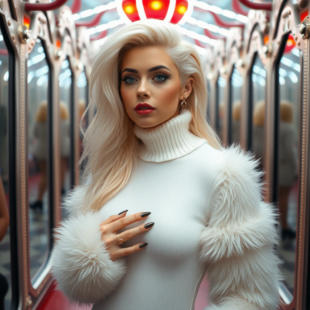 Amusement park, “hall of mirrors” labyrinth: Sam, 19 years old beautiful involuntary femboy, rebellious intractable character, petite boyish figure, long permed platinum blond wild mane, flawless heavily made-up face with sharp arched tattooed eyebrows, long French nails, wearing feminine very fluffy extremely fuzzy bright white angora tight figure-hugging sweaterdress with oversized very fluffy extremely fuzzy turtleneck and tight hemline, black high heeled pumps, gold earrings, puzzled alarmed, trying to find exit.