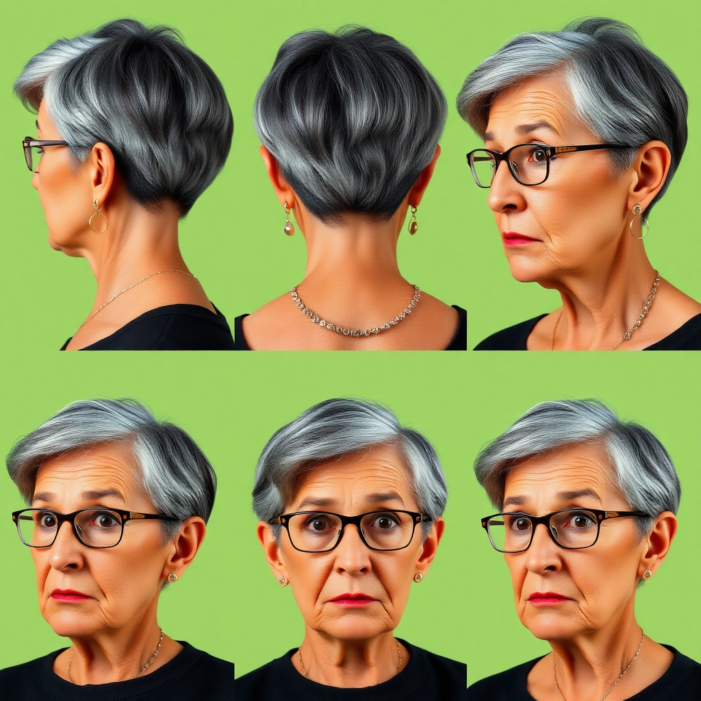 Photorealistic image of six headshots of a 55 Years old, European, Latina, sharp aquiline nose, wrinkles, high cheekbones, Middle Eastern, Skinny, Tanned skin, Dark light skin, full Makeup, jewelry, Sharp nose, frowning, astonished, shocked, dark grey Ash hair, short bowl haircut, Brown eye color, Glasses, with detailed features. Each photo displays the same face in back, profile and front view, cut out and isolated on a green background. All six heads are visible side by side, empty space around each view, no overlapping.