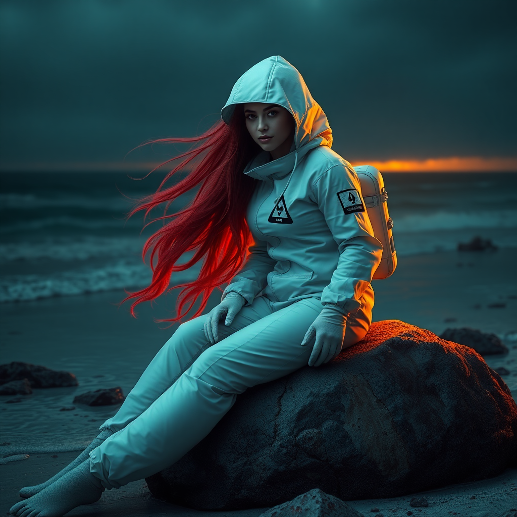 A realistic female mermaid wearing a hazmat suit that hides her hair while sitting on top of a rock on a toxic looking beach