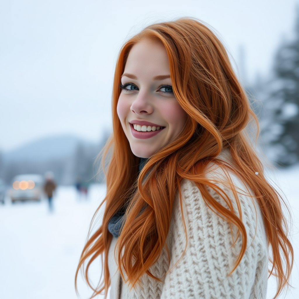 beautiful young elegant woman with ginger long hair, full lips, pale skin, on Alaska Anchorage happy in the snow