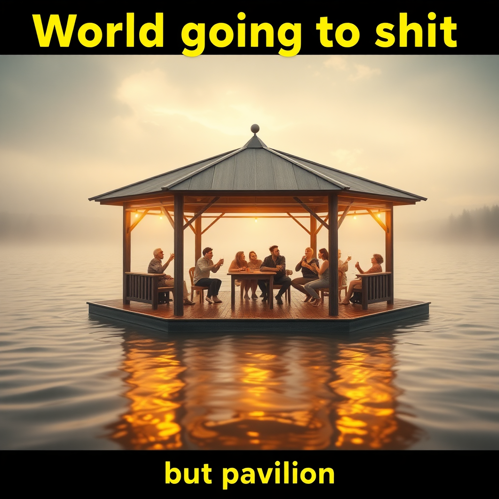 Create an image of a pavilion in a flooded environment and people comically partying on it drinking beer while the world is completely overflooded. Focus on the humorous contrast of the situation. Include the text "World going to shit" at the top and the bottom part should have the text "but pavilion". Make the image the central part of the image with warm glowing colors. Make it so the people's expressions on their faces are visible.