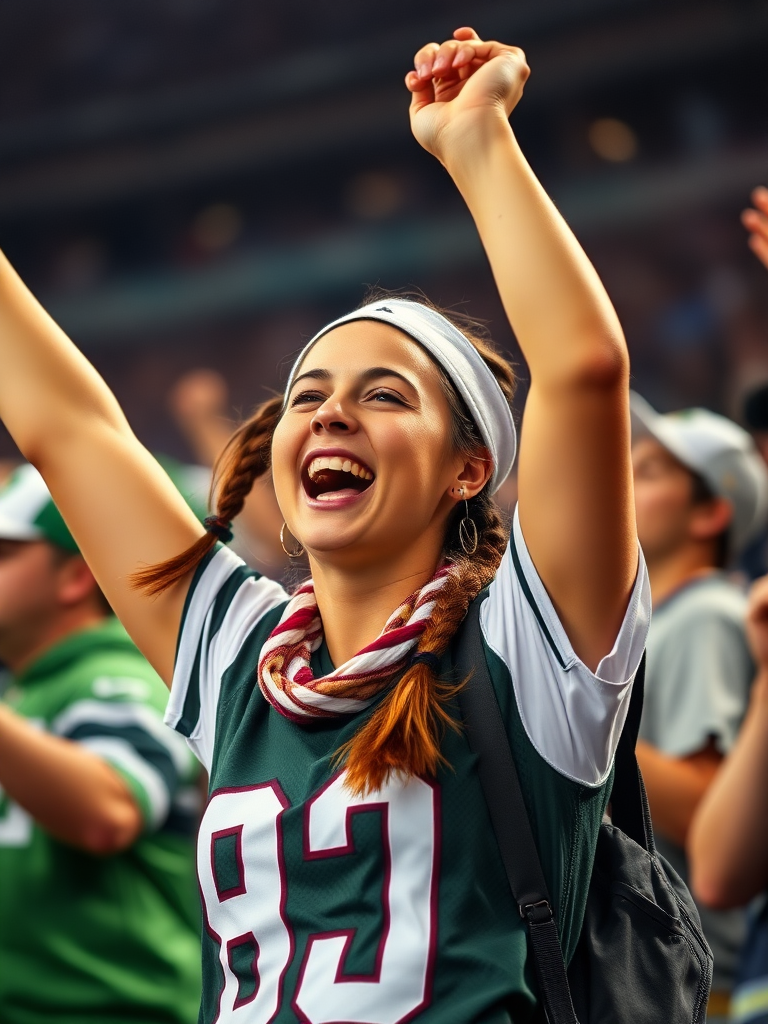 Attractive female NFL fan, pigtail hair, cheering wildly