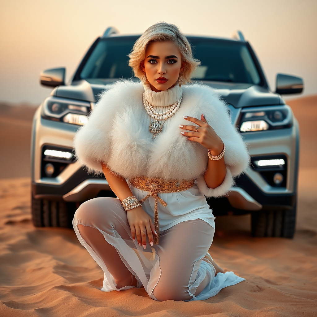 Kuwait desert dunes misty dawn, full size luxury SUV: Melissa, European 17 years old very convincing femboy “trophy-bimbo”, tamed servile docile, very beautiful feminine flawless face, rather short, by hormones very curvaceous womanly figured, platinum blond short tight curls, bold red lips, long white French nails, heavily made-up face, wearing Supertanya-style fluffy very fuzzy bright white angora turtleneck-poncho cropped ending under bust decorated with pearls and glass stones, striking oriental wide gold bridal protection belt, white fully transparent harem pants, full Oriental bridal jewelry including headpiece, nose-ring, coin wristlets, coin anklets, striking diamond “Bimbo” letter brooch on left chest, thick heavy pearl wristlets, pout frustrated, kneeling in sand in front of SUV, looking at camera. Focus on face and turtleneck-poncho.