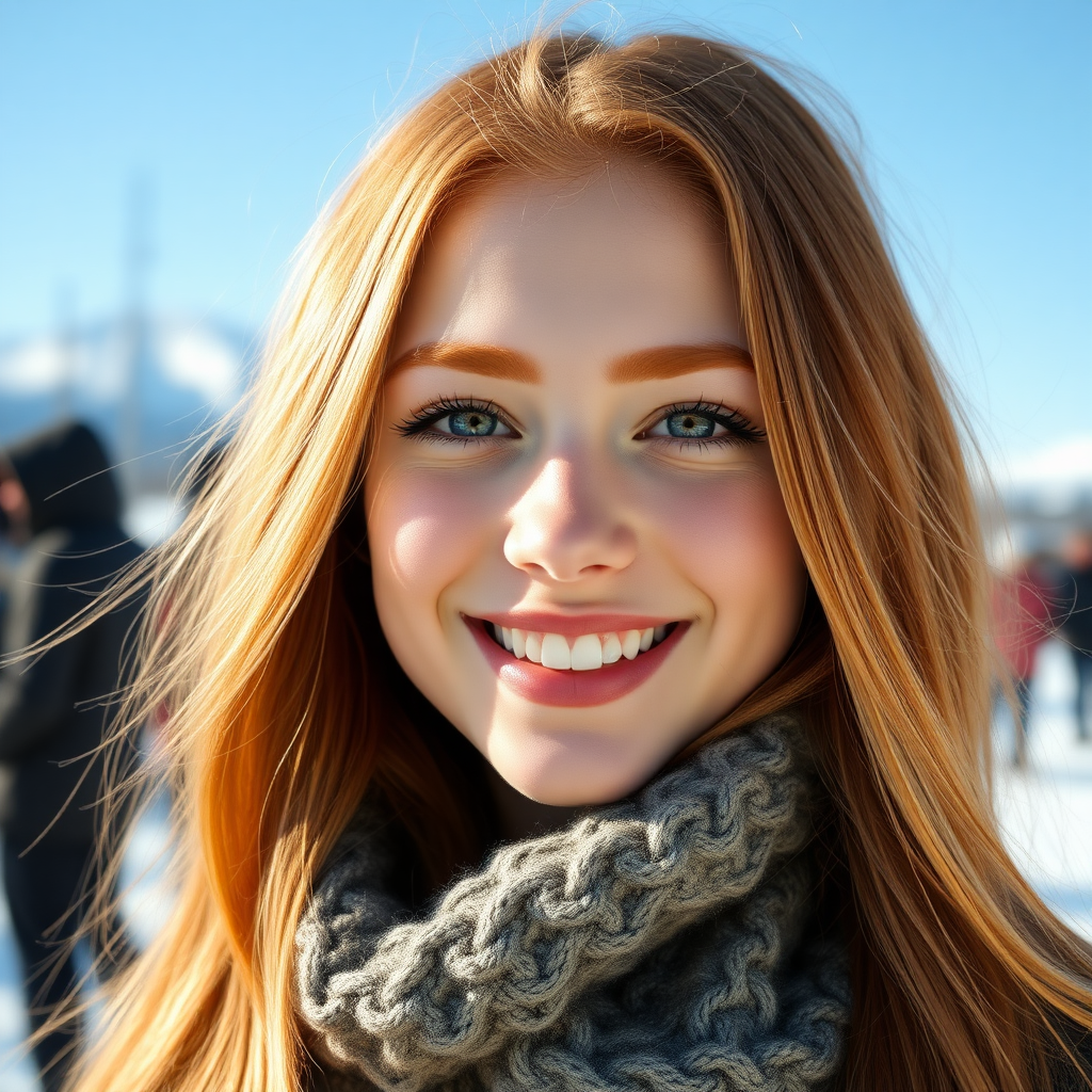 beautiful happy young woman with ginger cherry blonde long hair, full lips, perfect eyebrows, pale skin, on Alaska during winter in Anchorage on sunny snow day