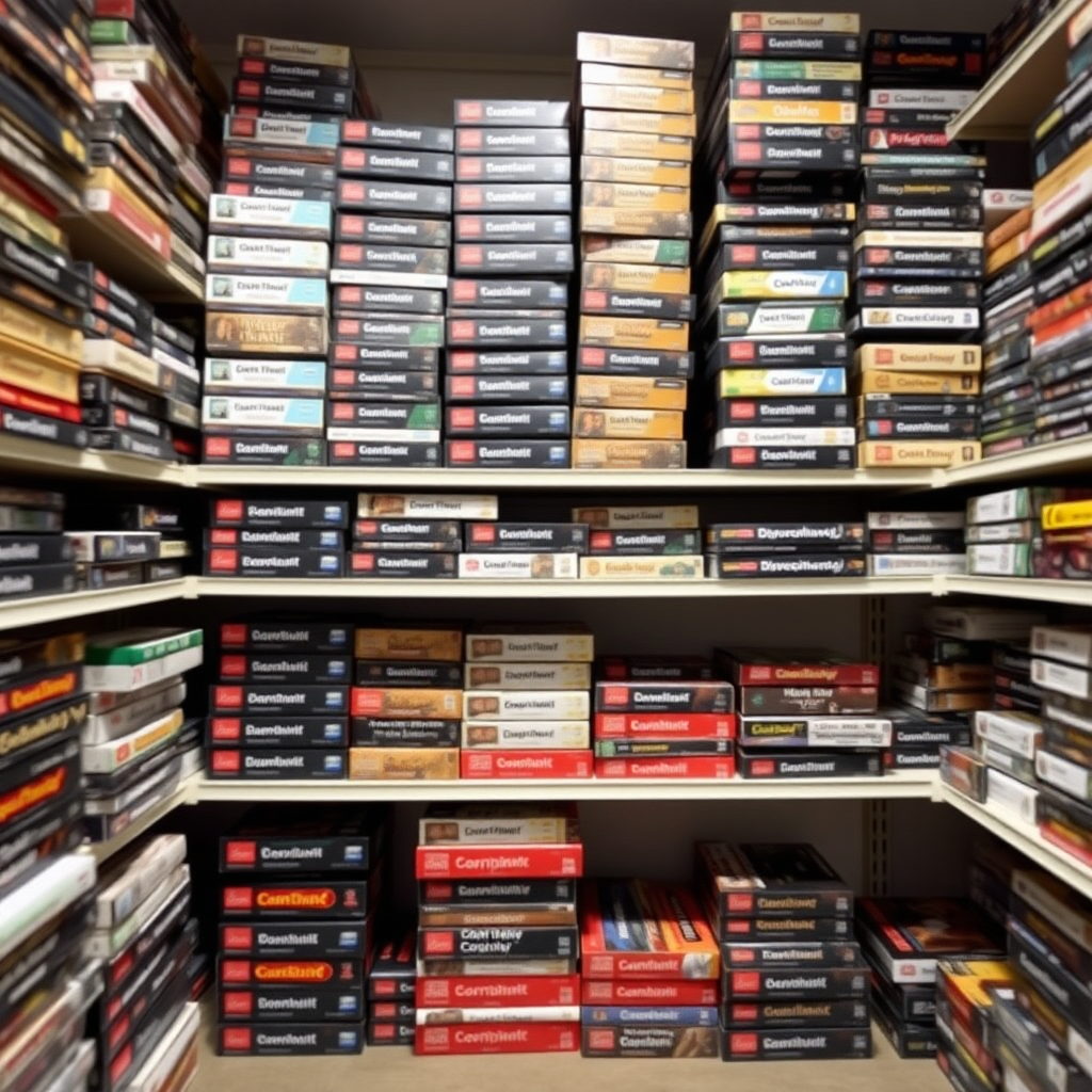 Shot of multiple shelves with board game boxes stacked vertically and horizontally, at least 300 boxes, taken at a distance of at least 3 meters. The boxes have multiple colors and sizes. Do not use boxes with black color. Do not create the same box more than twice.