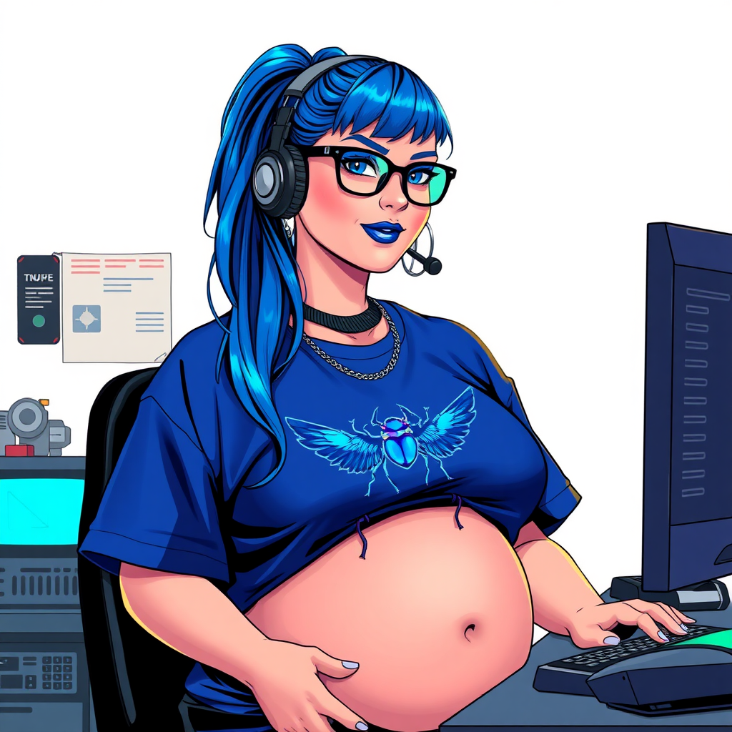 A cyberpunk vigilante’s full-figured intelligent and tech-savvy 28-year-old girlfriend, who is a computer hacker and tech genius. She has a long maximum blue ponytail. She wears maximum blue lipstick, bright blue eyes, a sapphire beetle gemstone necklace, sapphire earrings, black eyeglasses, and an oversized maximum blue t-shirt featuring a blue sapphire gemstone crusted winged beetle chest icon. She has a full-figured physique with a prominent, massive, round belly, reflecting her well-cared-for lifestyle. She sports a sapphire headset with a hi-tech maximum turquoise lensed HUD, and a shy smile with a neon red blush. She serves as his tech expert from his hideout, diligently working at her workbench and computer desk. The background is solid white. She is drawn as if she was in a retro 2D cyberpunk fighting game. Ensure her maximum blue t-shirt covers her belly.