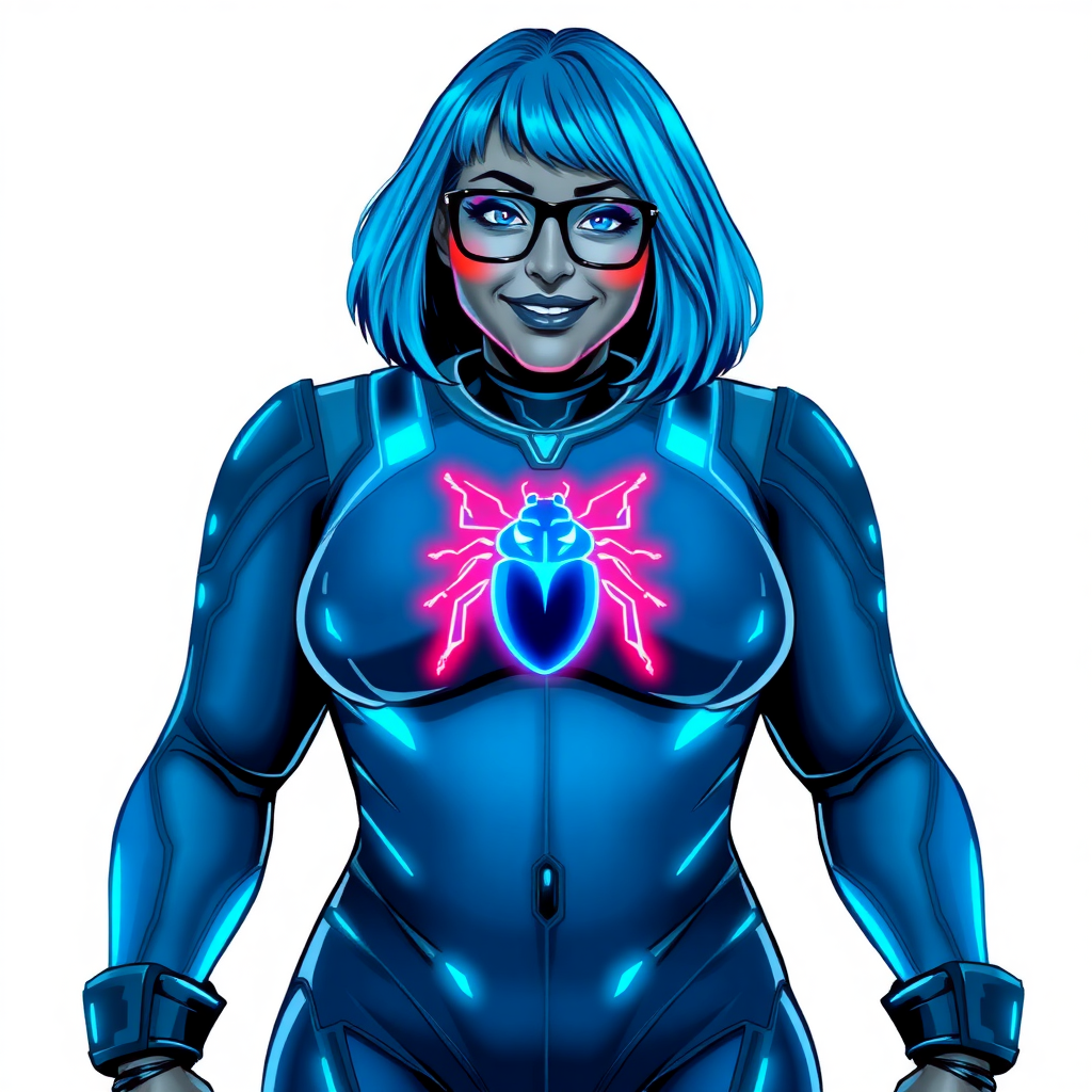 A 28-year-old, full-figured, middle gray metal skinned computer program-human hybrid with a maximum blue bob cut. She is the digital sidekick, computer hacker, and nerdy girlfriend of her cyberpunk vigilante boyfriend. Her middle gray metallic skin, distinct from any other character, highlights her digital nature. She wears maximum blue lipstick and has bright blue eyes. Her outfit includes a maximum blue full bodysuit with neon blue glowing beetle-themed accents completed by a neon blue glowing chest icon of a beetle. Black eyeglasses accentuate her nerdiness, and she has a lovestruck smile with neon red blush. Her full figure, including a prominent, gargantuan, round midsection (with full emphasis on the belly), gigantic limbs, and broad shoulders, reflects the doting care of her vigilante boyfriend. The background is solid white. She is drawn as if she was in a retro 2D cyberpunk fighting game. Ensure her bodysuit covers all her bare skin (especially her gargantuan midsection). Her bodysuit is influenced by DC's superheroine Jennifer Knight Phantom Lady but remains distinct.