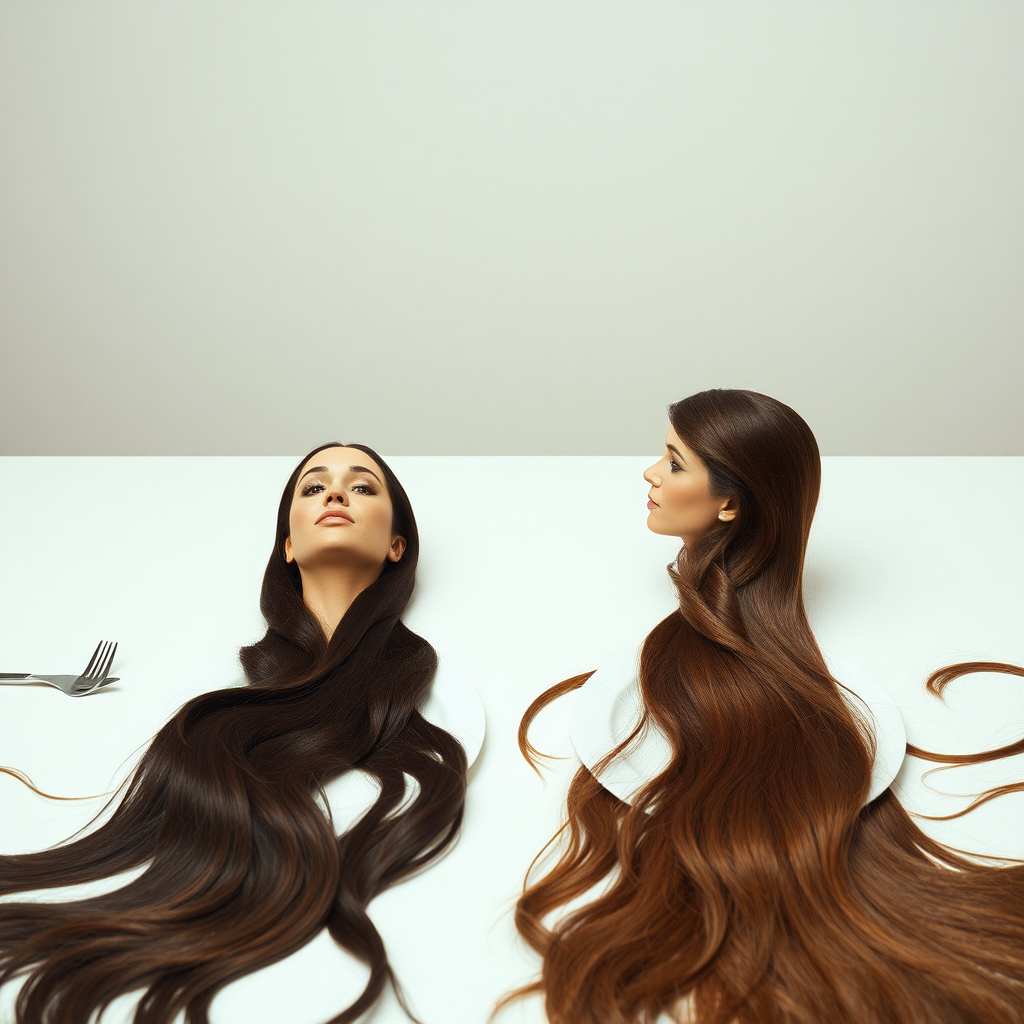 Surreal image of the disembodied heads of very long haired Meghan Markle and Kate Middleton served on plates. Their beautiful hair spread out all over the table.