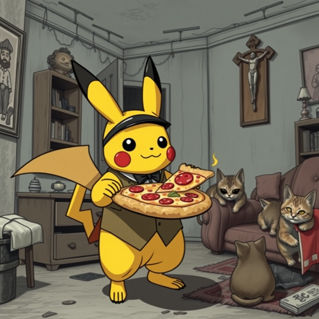 A well dressed handsome Pikachu demon delivering Hawaiian pizza to angry kittens in a decayed apartment,Chinese woodcut, Mormon , Catholic , Muslim