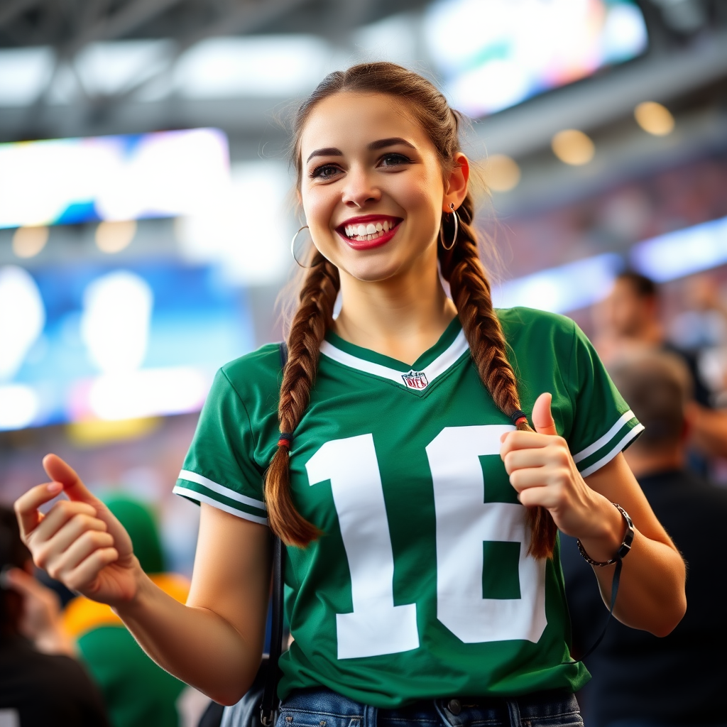 Attractive female NFL fan, pigtail hair, cheering