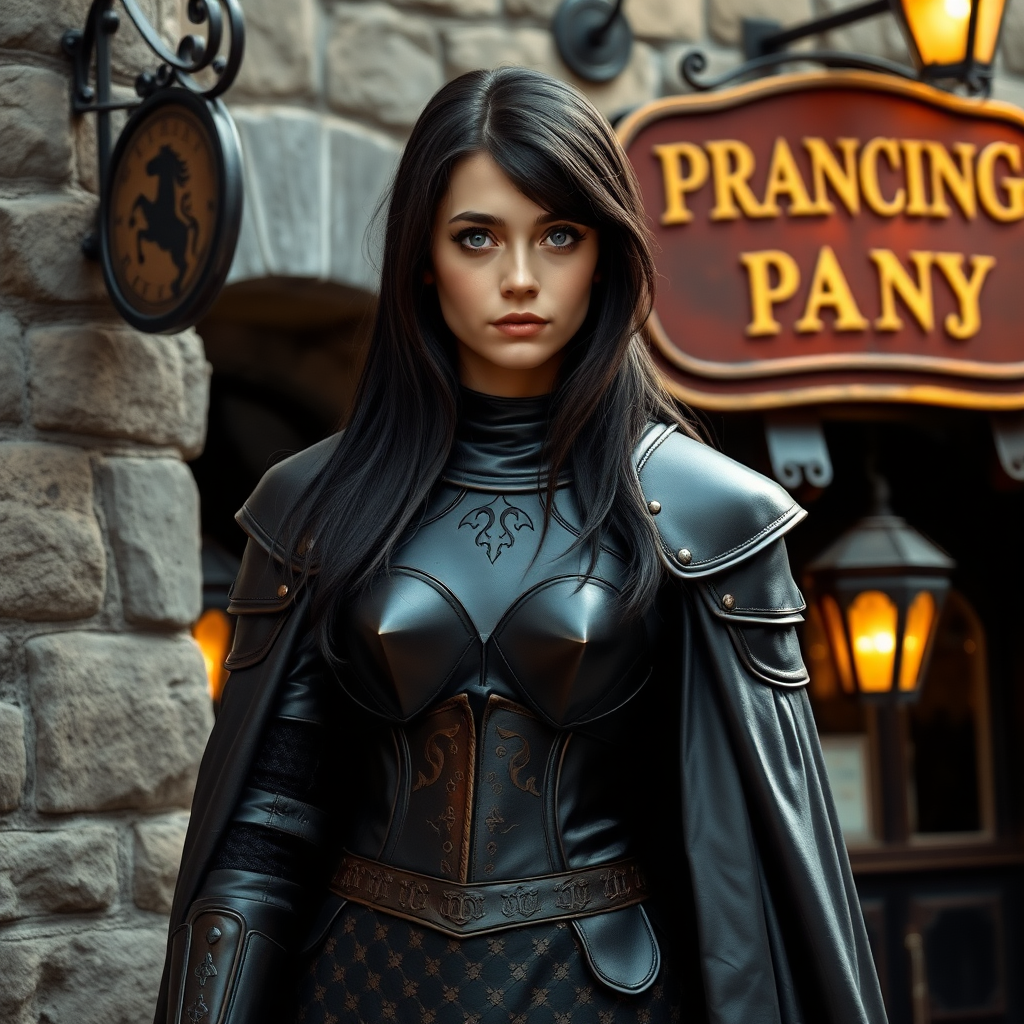 beautiful young woman, dark hair past her shoulders, blue eyes, small, slim figure, wearing full leather armor suit, long cloak, standing next to medieval tavern with sign: "Prancing Pony".