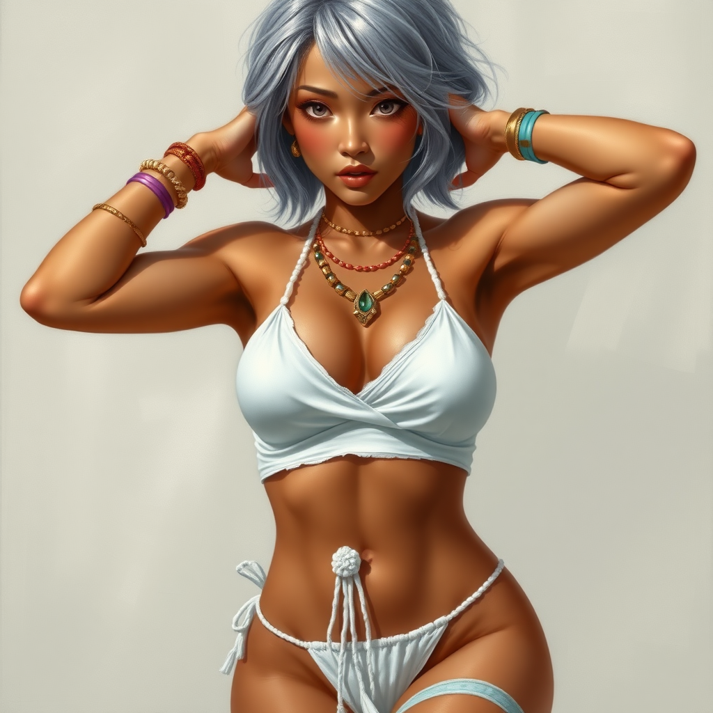 Girl, toned and muscular and has abs. short silvery flowing hair. Her fingers and toenails are painted sky-blue. Her attire consists of a white primitive scant revealing two-piece bikini-like outfit with pale red, sky-blue, gold and purple bands on her neck, arms, wrists, shins, and ankles. Tan skin. Asian face. Sexy exaggerated pose. Hands on head, exposing armpits. fantasy painting high contrast, well-drawn, highly detailed, and beautiful rendering.