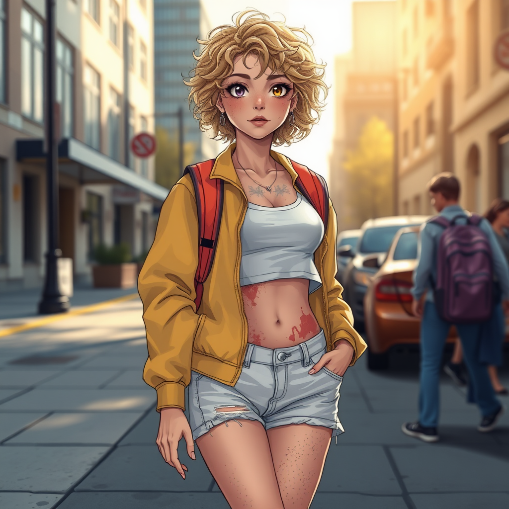 Realistic drawing style image, Extremely good quality 8k resolution drawn manga image of a 15 year old petite and short tomboy girl with golden blonde curly hair with mixed and different colored eyes for each eye and moles on her entire body and is a white American girl, Has on a Gold Jacket over a white extremely short crop top only covering her breasts and nothing more with a design on it, and has on ripped shorts and cool looking sneakers and a deep and big knife cut wound on her stomach from a huge injury she had, with a bright color backpack, ear piercings on, walking on the street to school in the morning with the beautiful sunlight lighting up her body beautifully with no tattoos.