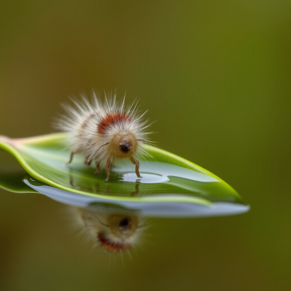 A wooly bear caterpillar looking at the reflection of his brown strip in his reflection from a small pool of water in a cupped leaf.