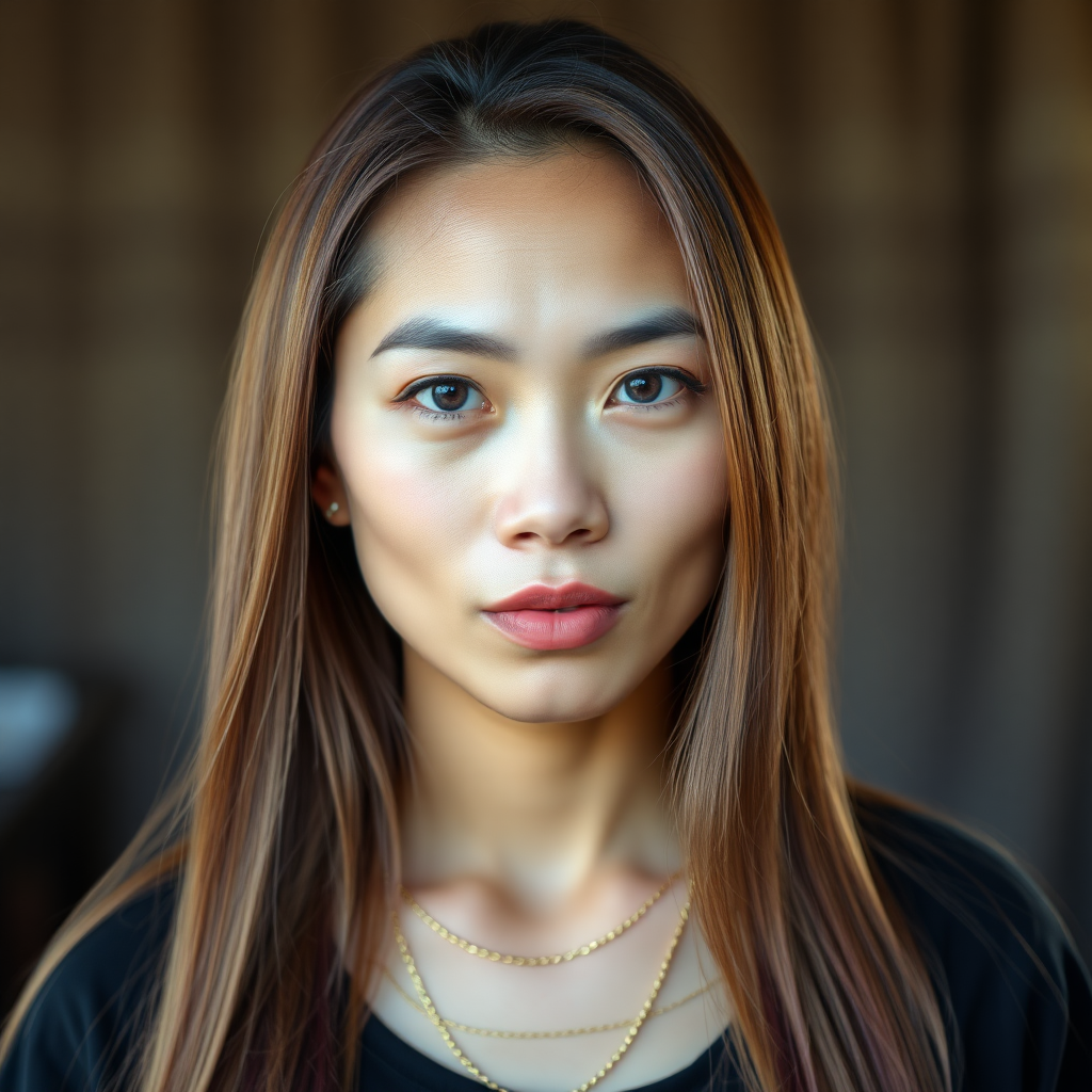 A 45 year young North-East Thai woman with gold and violet colored long straight hair and a fine gold chain.