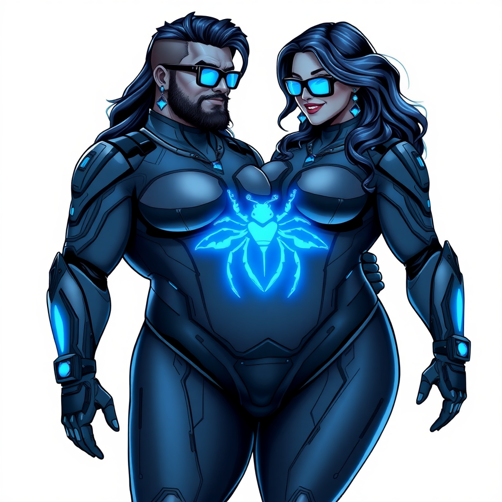 A 28-year-old full-figured computer science major, she is the devoted girlfriend of a vigilante and serves as his dotingly pampered, full-figured, nerdy digital sidekick. She has become a Computer Program hybrid, with a unique, metallic Middle Gray (N5) skin color that blends with her hair, appearing to merge together as computer data. Her neon blue eyes are mesmerizing. Her full figure, especially her prominent, round midsection, shows just how heavily fed and pampered she is, with sequoia-sized limbs and broad shoulders.

As a loyal and supportive sidekick, she plays a crucial role in their missions, using her digital prowess to assist and protect. She wears a blue sapphire scarab necklace and blue sapphire earrings, which she received as symbols of their love before his 5-year disappearance. Her digital Maximum Blue (RGB 71, 171, 204) bodysuit features a neon blue glowing beetle chest icon. She is equipped with high-tech features, including holographic displays and integrated hacking tools. She has matching high-tech gloves. She emits neon blue data cubes from her body, set against a solid white background.

Heavily, attentively, and immensely pampered through being well-fed since their reunion, her full figure clearly shows the extent of care she has received. Despite her digital enhancements, she retains her human vulnerabilities, including hunger and sleep, and is not immune to human weaknesses. She has the ability to hack into computers and machines, and her nerdiness is blatantly obvious with her black oversized eyeglasses. Her full figure, especially her gargantuan midsection, is prominently displayed and heavily emphasized. Her outfit, influenced by DC’s Jennifer Knight Phantom Lady, remains distinct.

Despite her boyfriend’s limited resources, she assists in the war on crime by serving as a minicomputer, traveling in a high-tech wristwatch and supercar’s computer system. Using her hacking abilities, she relays crucial knowledge related to missions. She has a beaming smile. She is drawn as if she was in a retro 2D cyberpunk fighting game. Their love for each other is evident.