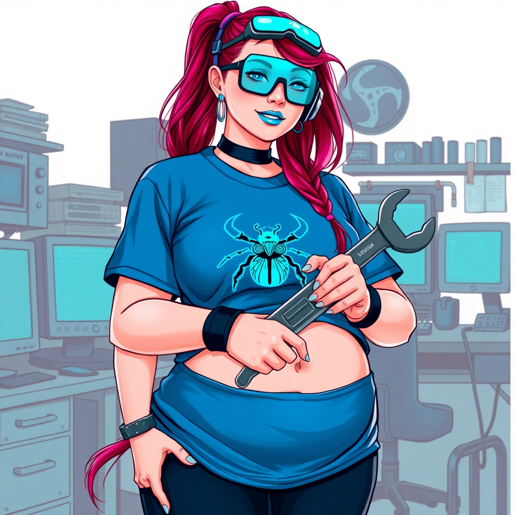 A cyberpunk vigilante’s full-figured intelligent and tech-savvy 29-year-old girlfriend, who is a computer hacker and tech genius. She has a long ruby red ponytail streaked with sky blue. She wears maximum blue lipstick, blue eyes, a sapphire beetle gemstone necklace, sapphire earrings, black eyeglasses, a futuristic holographic wristwatch computer, and an oversized maximum blue t-shirt featuring a neon blue beetle chest emblem. She has a full-figured, well-rounded physique with a prominent, round midsection, reflecting her well-cared-for lifestyle. Her round midsection is broadened and bloated to emphasize her figure. She sports a sapphire headset with a high-tech maximum turquoise lensed HUD, and a shy smile with a neon red blush. She is holding a futuristic hi-tech wrench while standing in her workshop in front of her computer desk and work bench. The background is solid white. She is drawn as if she was in a retro 2D cyberpunk fighting game.