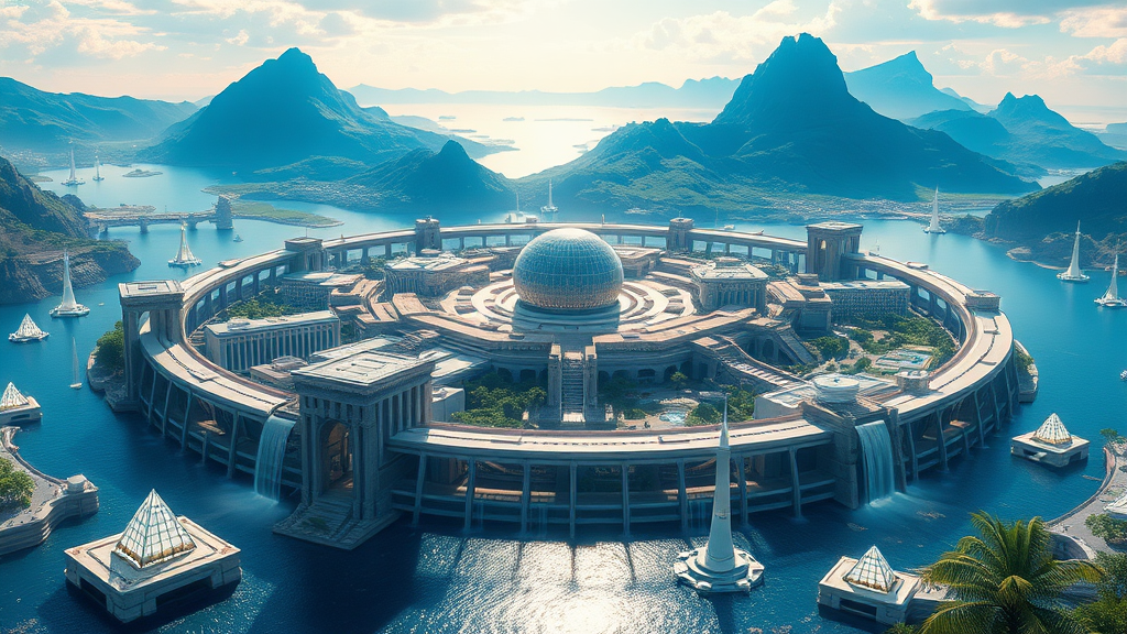 In this 8k resolution anime art piece, the grand city of Greater Atlantis is portrayed with breathtaking clarity and cinematic quality. The cityscape is a mesmerizing fusion of ancient Greek aesthetics and futuristic technology, creating a scene of unparalleled beauty and sophistication.

Cityscape:

Structures: The city features massive, blue-marble-colored buildings with uniquely shaped, elegant structures reminiscent of Greek architecture but with a high-tech twist. These buildings are adorned with intricate patterns and glowing accents, emphasizing their advanced nature.  
Ringed Structure: Encircling the entire city is a monumental ringed structure, its design both protective and majestic. The ring is adorned with luminous patterns, creating a halo of light that highlights the city's grandeur.  
Natural Features:

Waters: Expansive, shimmering waters surround the city, reflecting the intricate architecture and the vibrant sky above. The water is dotted with futuristic floating objects, their white technological designs adding a sleek, modern touch.  
Mountains: Towering mountains rise in the background, their peaks crowned with cascading waterfalls that flow gracefully into the city’s waters. The waterfalls glisten in the sunlight, adding a natural, serene element to the scene.  
Pyramids: Scattered throughout the city are pure quartz pyramids, each topped with a radiant crystal. These pyramids are illuminated, casting a mystical glow over the surroundings.  
Technological Elements:

Hovering Objects: White technological devices hover elegantly over the water, their designs sleek and advanced. These objects emit a soft, ethereal light, enhancing the futuristic atmosphere of the city.  
Tropical Lands:

Landscapes: The city’s environment includes lush tropical lands, with vibrant greenery and exotic plants that contrast beautifully with the technological marvels. The tropical vegetation adds a touch of natural beauty and warmth to the otherwise sleek, futuristic cityscape.  
Overall Aesthetic: The entire composition is bathed in a soft, cinematic light, enhancing the rich colors and intricate details. The scene captures the essence of Greater Atlantis, a city that seamlessly blends ancient grandeur with futuristic innovation, creating a stunning and immersive visual experience.