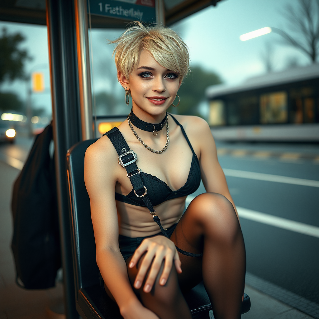 photorealistic, ultra high resolution, 16K, surreal fantasy, studio lighting, a pretty 16 year old goth boy, slim male physique, short blonde hair, goth makeup, earrings, pantyhose, harness, spikey dog collar and leash, trainer-bra, white ballet shoes, sitting at the bus stop, excited smile, facing the camera.