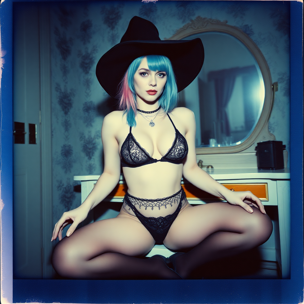 scan of an old polaroid photo with heavy dark vignetting and a blue color tint to the photograph and visible light leaks. The photo depicts a sexy alt goth woman with pale skin and brightly colored dyed hair. She has large breasts with ample cleavage and is wearing a tiny revealing bikini bra with triangle shaped cups. She is wearing a witch hat. The image looks hazy and grungy. She is in an old house with wallpaper on the walls. Dark lighting with camera flash used. Candid. she is wearing a tiny revealing lace thong and thigh high stockings. She is sitting on a builtin vanity with a mirror with her knees spread apart. She is wearing black high heels. She has skin texture and visible pores and imperfections.