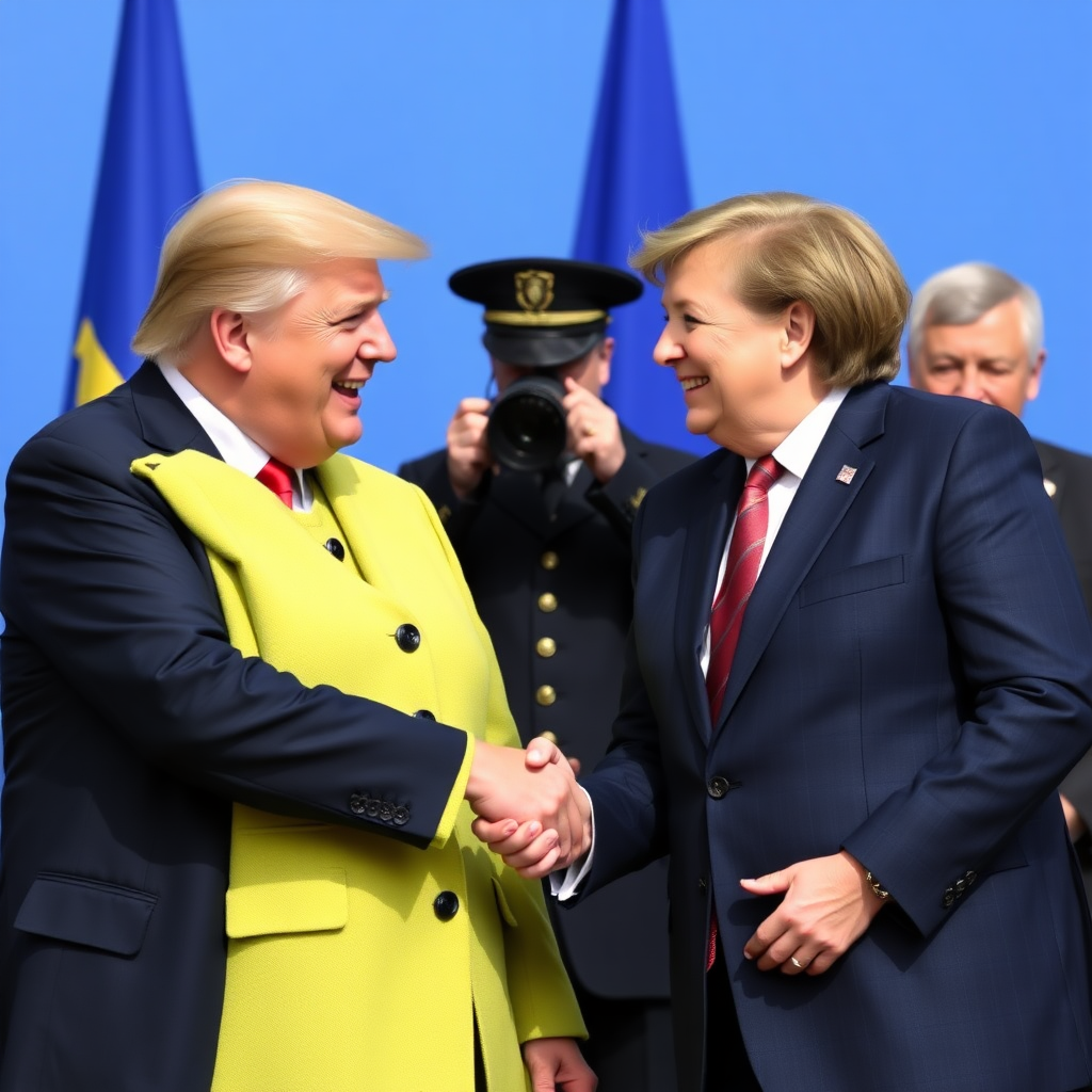 Donald Trump shakes hands with Angela Merkel and grins.