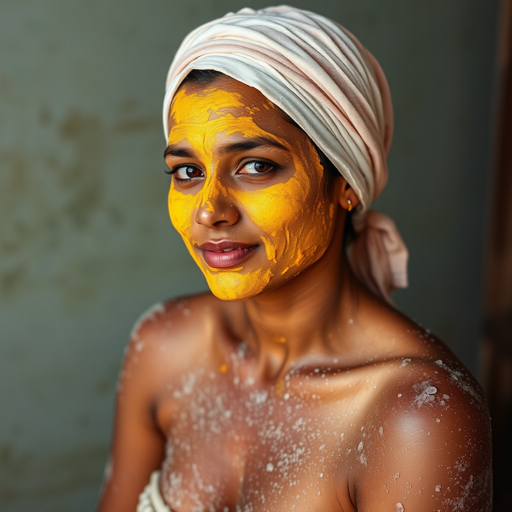 slim, curvy, 30 year old indian maid, her face is covered with turmeric mask and body is covered with soap lather. a male underwear on her head