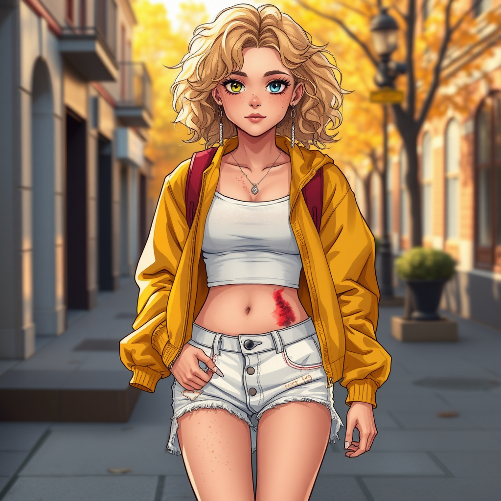 Realistic drawing style image, Extremely good quality 8k resolution drawn manga image of a 15 year old petite and short tomboy girl with golden blonde curly hair with mixed and different colored eyes for each eye and moles on her entire body and is a white American girl, Has on a Gold Jacket over a white extremely short crop top only covering her breasts and nothing more with a design on it, and has on ripped shorts and cool looking sneakers and a deep and big knife cut wound on her stomach from a huge injury she had, with a bright color backpack, ear piercings on, walking on the street to school in the morning with the beautiful sunlight lighting up her body beautifully with no tattoos.