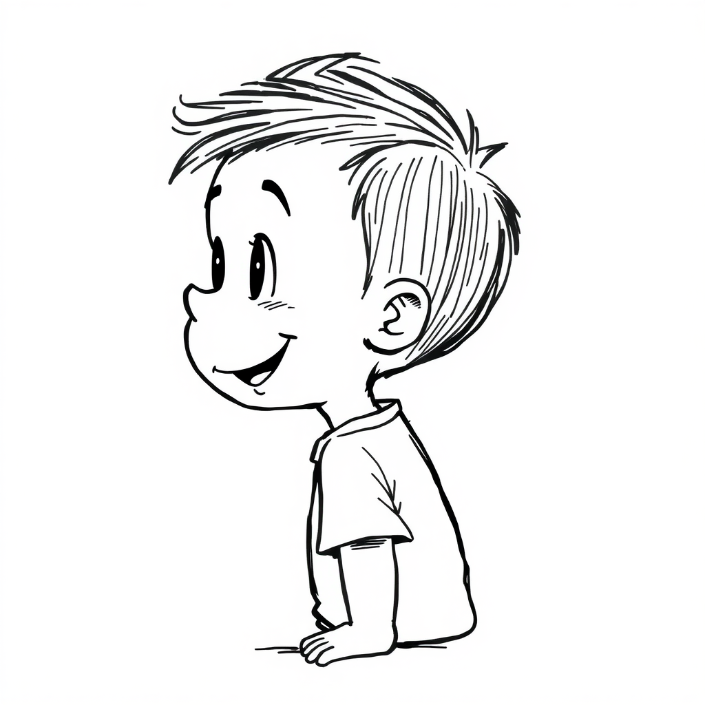 a cute, happy boy drawn from the profile. Looking to the side up reaching forward, cute ink sketch style illustration