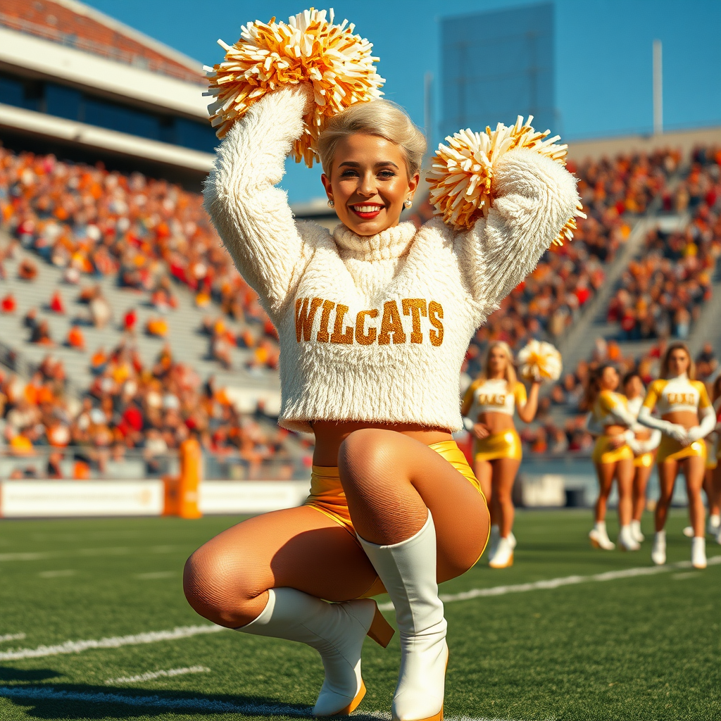 Sunny cold fall noon, college football stadium game, cheerleaders squat: Ana, European 17 years old very convincing femboy “QB’s trophy-bimbo”, tamed servile docile, very beautiful feminine flawless face, rather short boyish figure, platinum blond short tight curls, bold red lips, heavily made-up face, wearing cropped chunky fluffy very fuzzy bright white plushy mohair turtleneck-sweater with “gold “WILDCATS” letters, vinyl gold short shorts, mesh pantyhose, white vinyl thigh-high boots with golden heels, large gold-white pompoms, pearl earrings, pearl belly piercing, striking pearl tongue piercing, dancing with pompoms over her head. cheering loud.