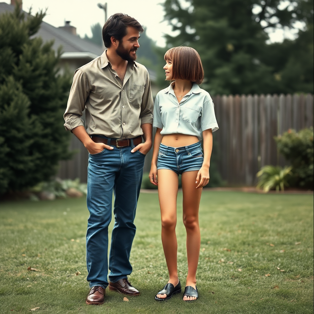 tall 14yo teen boy, long hair bob cut, wearing shirt and very tight booty shorts, long legs, narrow thighs, full-length front view. with bearded father wearing shirt, long jeans, shoes. looking at each other. 1970s. At backyard. photorealistic, ultra high resolution, 16K, Negative: grainy, blurry, bad anatomy, extra limbs, watermark.