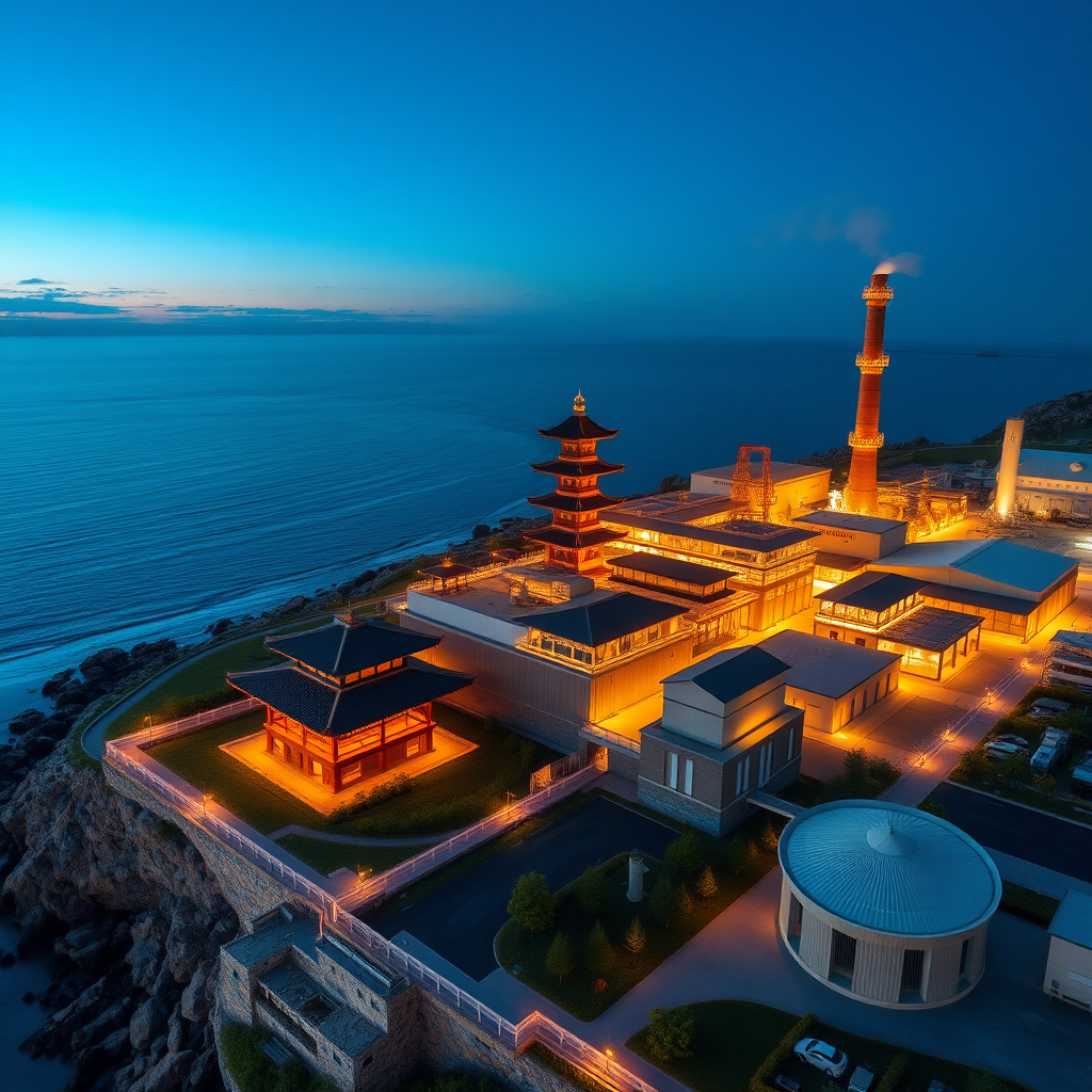 Modern whisky distillery with pagodas and warehouses on a coastline from a bird's-eye view