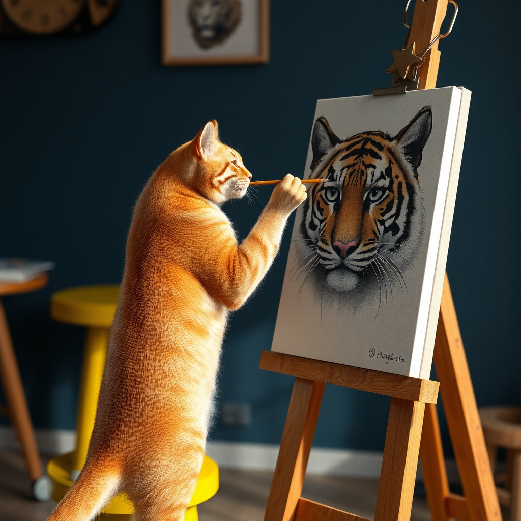 **Title:** *Whiskered Masterpiece: The Artistic Cat*

**Artistic Vision:**
Capture the enchanting moment of a ginger tabby cat immersed in the creative process, embodying passion and authenticity. The artwork should evoke a sense of wonder and admiration for the unexpected artistry of the feline protagonist, blending warmth and serenity within a meticulously crafted studio setting.

**Scene Description:**
A graceful ginger tabby cat stands poised on its hind legs, expertly wielding a paintbrush in its right paw. With unwavering focus, the cat meticulously paints a lifelike portrait of a tiger's face on a canvas. The canvas is secured by a star-shaped clip, affixed to a rustic wooden easel, radiating authenticity and dedication. The artist's studio exudes a warm and inviting ambiance, highlighted by a yellow stool and a deep blue wall that cultivate a contemplative atmosphere. The tiger portrait on the canvas is a vibrant masterpiece, rich in color, light, and form, capturing the tiger's piercing gaze with remarkable depth and vitality. Every element of the composition is thoughtfully arranged, emphasizing lighting, textures, and symbolic details that invite viewers to immerse themselves in the artistic journey.

**Key Artistic Elements:**
- **Chiaroscuro Lighting:** Utilize tranquil chiaroscuro to create a harmonious balance of light and shadow, enhancing the scene's depth and emotional resonance.
- **Soft Color Palette:** Incorporate soft, delicate colors to infuse the artwork with subtlety and serenity.
- **3D Volumetric Effects:** Add depth and spatial qualities through advanced 3D volumetric techniques.
- **Hyper-Realistic Textures:** Employ hyper-realistic pencil sketch textures to highlight intricate details.
- **Interplay of Light and Shadow:** Subtly manipulate light and shadow to evoke lifelike realism and depth without overwhelming the composition.

**Technical Specifications:**

- **Resolution & Display:**
  - Render in stunning 64K UHD resolution.
  - Utilize a broad color spectrum with intricate detail, suitable for high-profile platforms like ArtStation and Behance.

- **Digital Art Techniques:**
  - Utilize advanced tools such as Corel Painter, ZBrush, and Adobe Photoshop.
  - Achieve remarkable 3D volume, exquisite shading, and ultra-fine detailing.

- **Materials & Textures:**
  - Incorporate high-quality pigments, metallic flakes, and glass beads.
  - Ensure textures radiate vibrancy under raking light.

- **Lighting & Depth:**
  - Implement a tranquil chiaroscuro effect.
  - Enhance depth and clarity with soft, delicate colors and nuanced shades of grey, black, and white.

- **Rendering Quality:**
  - Employ advanced rendering techniques and 3D volumetric effects for unparalleled detail and sharpness.
  - Include a hyper-realistic pencil sketch texture for intricate details.

- **Composition & Focus:**
  - Emphasize gentle, lifelike depth and striking details with a cinematic close-up approach.
  - Use a balanced f/11 aperture and raw photographic style with advanced v6 enhancements to render vivid colors and minute details at an unparalleled level of realism.

- **Overall Harmony:**
  - Achieve maximum harmony across all elements, resulting in a balanced and cohesive composition that captivates both technically and emotionally.

**Additional Elements to Include:**
- Advanced rendering techniques for greater detail and sharpness.
- Utilization of cutting-edge digital art tools.
- Subtle interplay of light and shadow to evoke lifelike realism.
- Gentle, lifelike depth to enhance overall impact.
- Soft, nuanced shades of grey, black, and white to add depth without overwhelming.