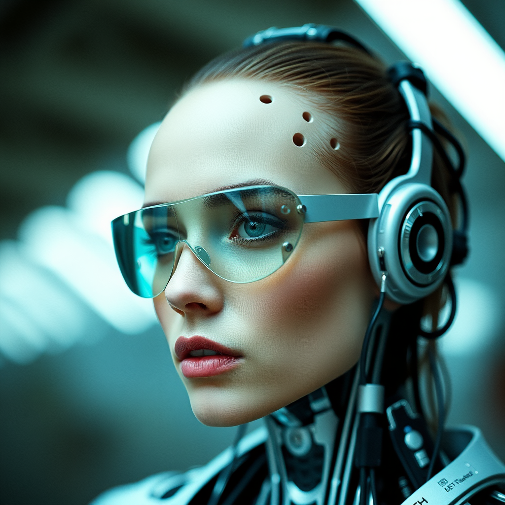 A photograph of a cyborg woman.