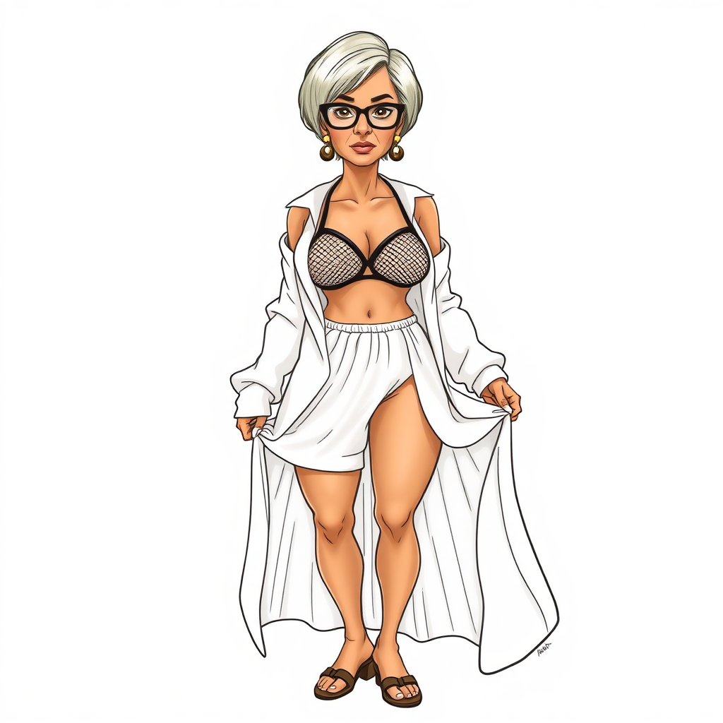 a towering 55 Years old, fit, slim, European, Latina, sharp aquiline nose, wrinkles, high cheekbones, Middle Eastern, Skinny, Tanned skin, Dark light skin, Rounded Medium breasts, Skinny thighs, full Makeup, jewelry, Serious face, Sharp nose, Ash hair, short bowl haircut, Brown eye color, Glasses, with detailed features. she is wearing an open white shirt, a black mesh balconette bras and a tight white high cut 1980s mesh cut out swimsuit and fully transparent white linen slit open pleated mini skirt, detailed fabric, detailed fabric. full body, high heels sandals, rolling up her skirt over her thighs, she is inviting the viewer to get closer, long establishing shot, 2D, caricature, cartoon, Sketch lines, coloring book, coloring book style on white background, well composed, clean coloring book page, No dither, no gradient, strong outline, No fill, No solids, vector illustration, realistic proportions.