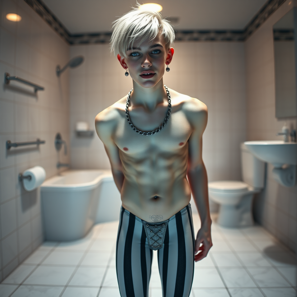 photorealistic, ultra high resolution, 16K, surreal fantasy, soft studio lighting, Caleb Swift is a pretty 16 year old goth male, slim male physique, blonde hair, blue eyes, goth makeup, earrings, white & black vertically striped pantyhose, spikey neck collar with chain, standing on the floor of the bathroom, excited mouth, bulging crotch, full body front view of Caleb facing the camera.