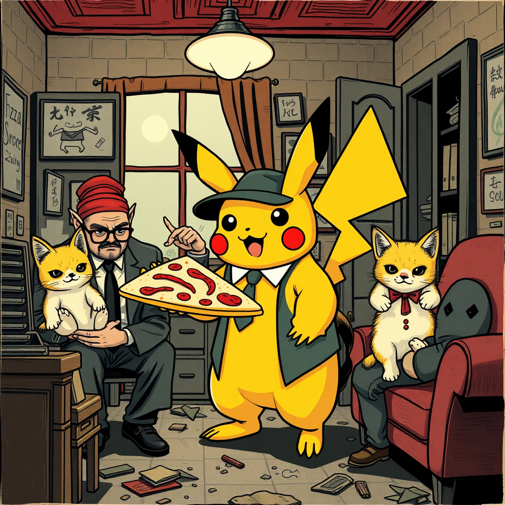 A well dressed handsome Pikachu demon delivering pizza to angry used car salesmen kittens in a decayed apartment, Chinese woodcut,