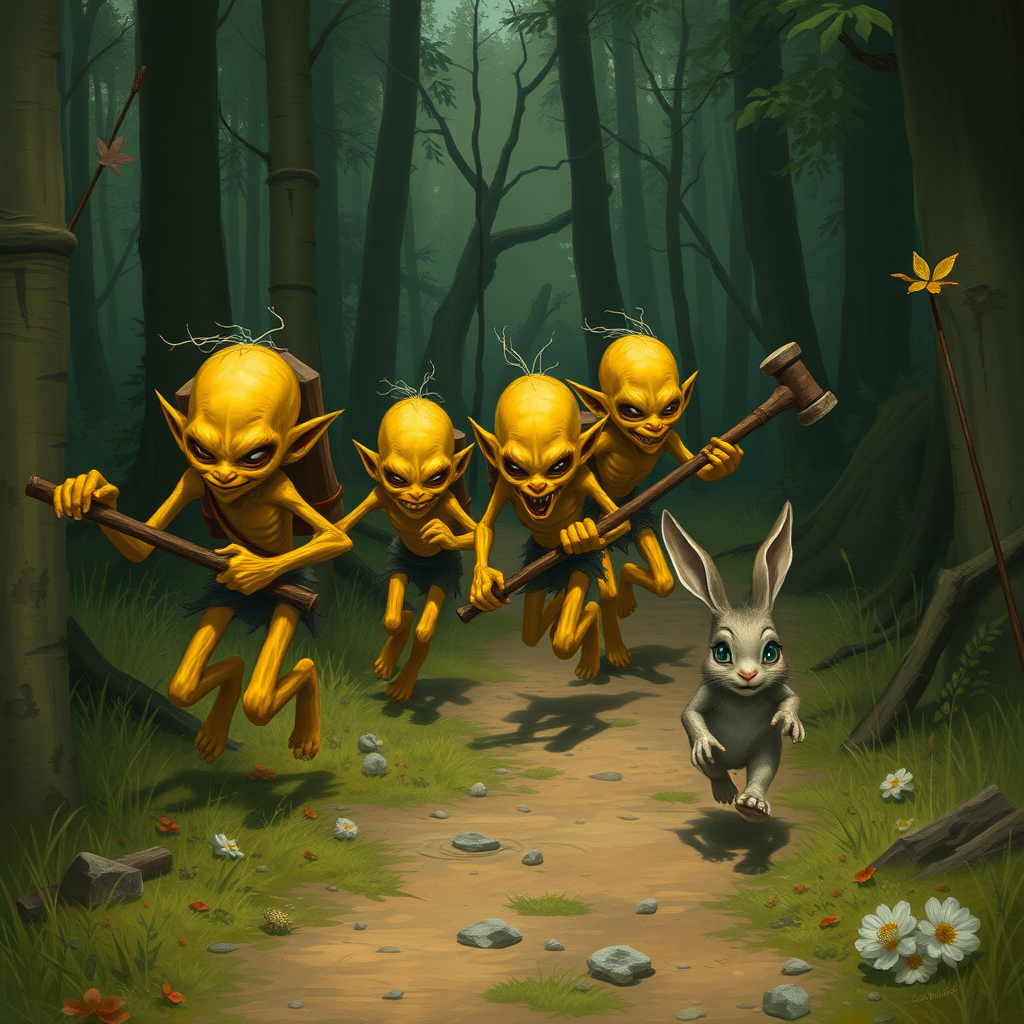 A realistic picture of several skinny, yellow goblins with wooden clubs chasing after a fleeing bunny along a forest path