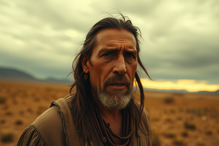 A weathered Native American man with copper skin, rugged features, and a resolute expression stands amidst a desolate post-apocalyptic landscape under a foreboding, overcast sky, reminiscent of a Terrence Malick film, with warm golden hour hues. A wide-angle lens (1.2) captures the vast expanse, with subtle film grain and a muted color palette. Soft, diffused light scatters from the left, with a subtle gradient of warm tones, evoking a sense of melancholy and introspection.